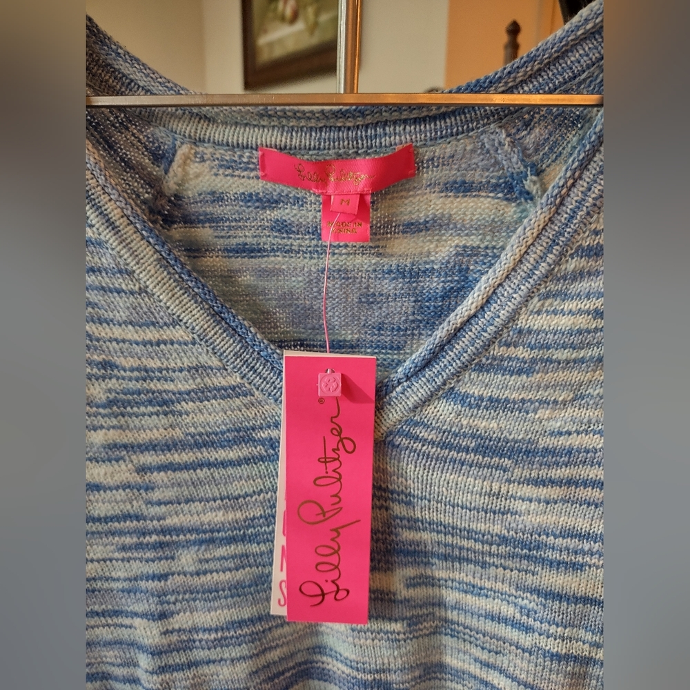 NWT V Neck Lilly Pulitzer Blue Space Dyed Tassel Sweater - Medium - Picture 6 of 7